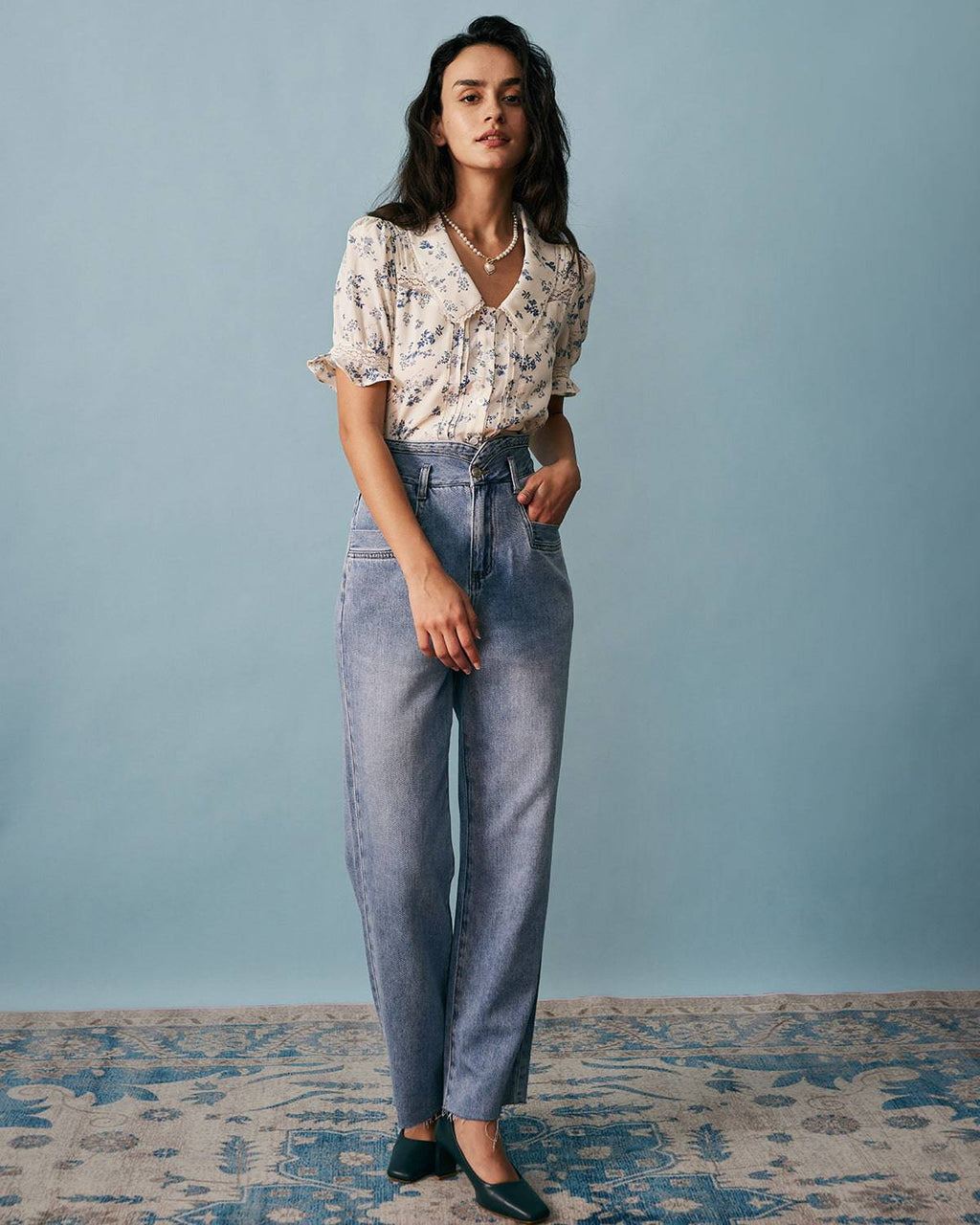 Lace-Trimmed Pleated Floral Blouse