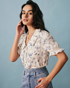 Lace-Trimmed Pleated Floral Blouse