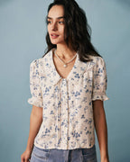 Lace-Trimmed Pleated Floral Blouse