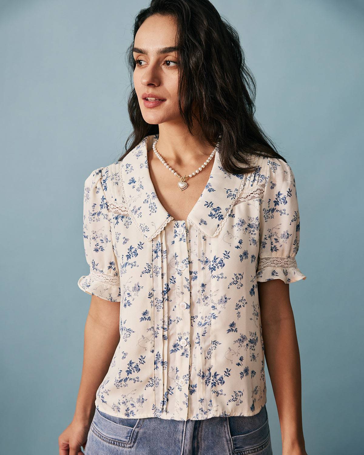 Lace-Trimmed Pleated Floral Blouse