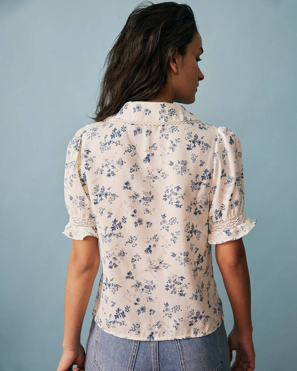 Lace-Trimmed Pleated Floral Blouse