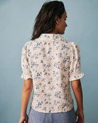 Lace-Trimmed Pleated Floral Blouse