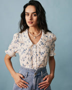 Lace-Trimmed Pleated Floral Blouse