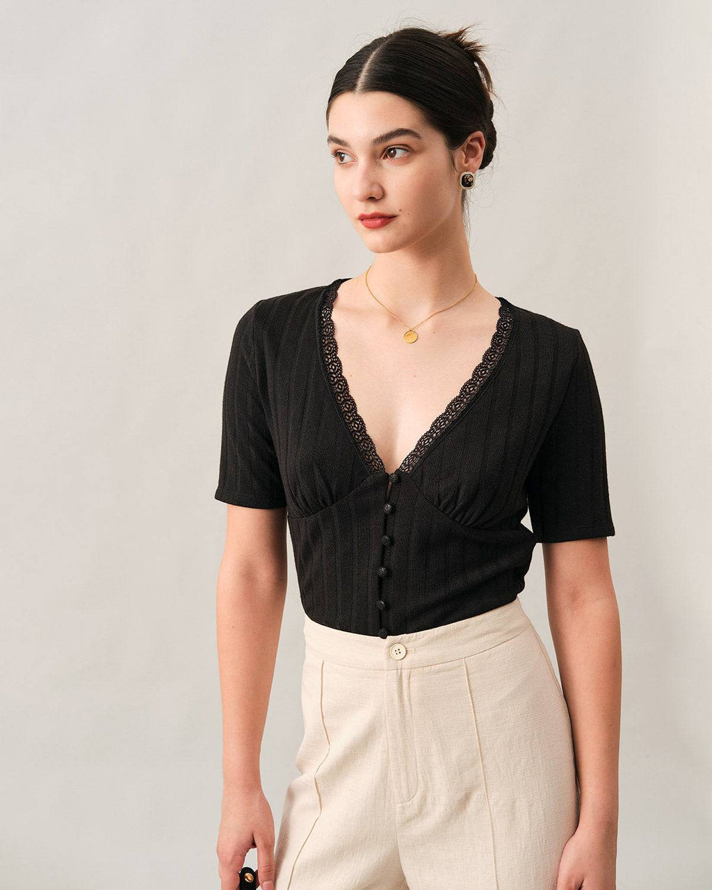 Ribbed Tee with Lace Trim