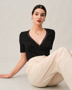 Ribbed Tee with Lace Trim