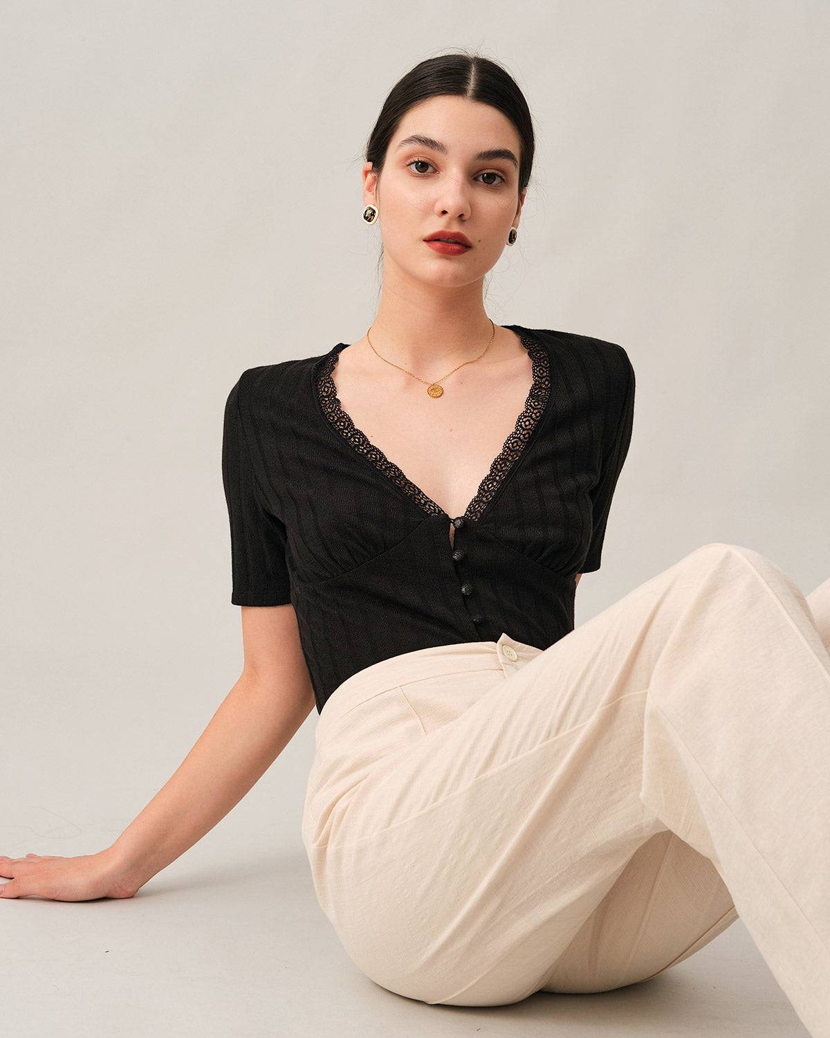 Ribbed Tee with Lace Trim