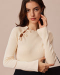 Beige Ribbed Knit Top with Cut-Out Bow Detail
