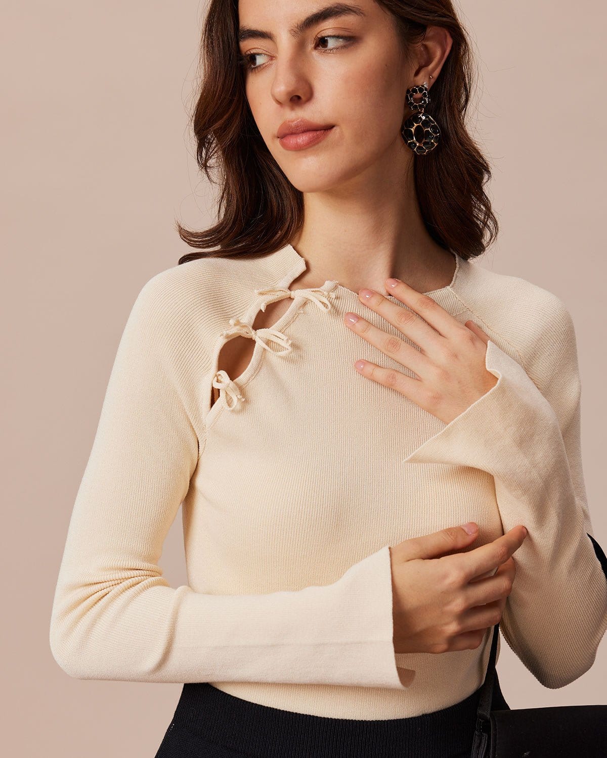 Beige Ribbed Knit Top with Cut-Out Bow Detail