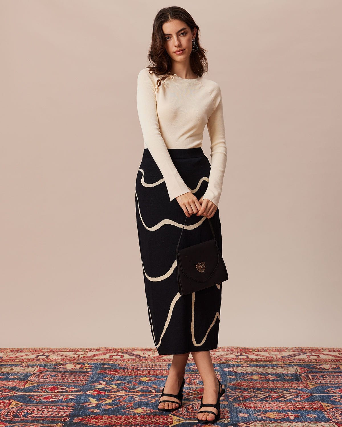 Beige Ribbed Knit Top with Cut-Out Bow Detail