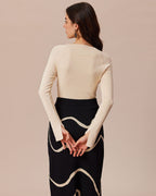 Beige Ribbed Knit Top with Cut-Out Bow Detail