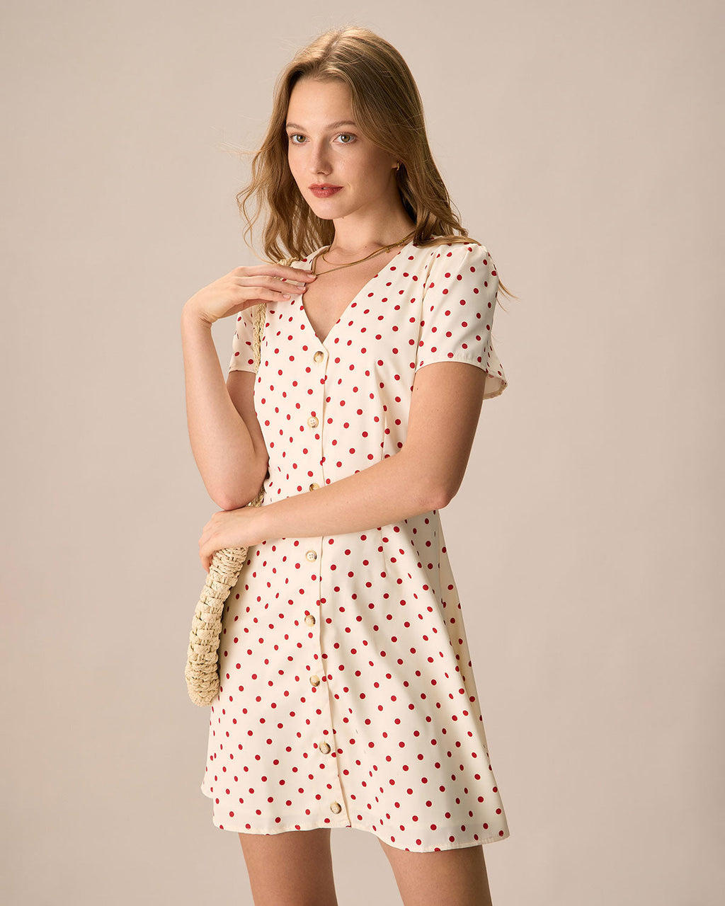Beige Polka Dot Mini Dress with Button Details