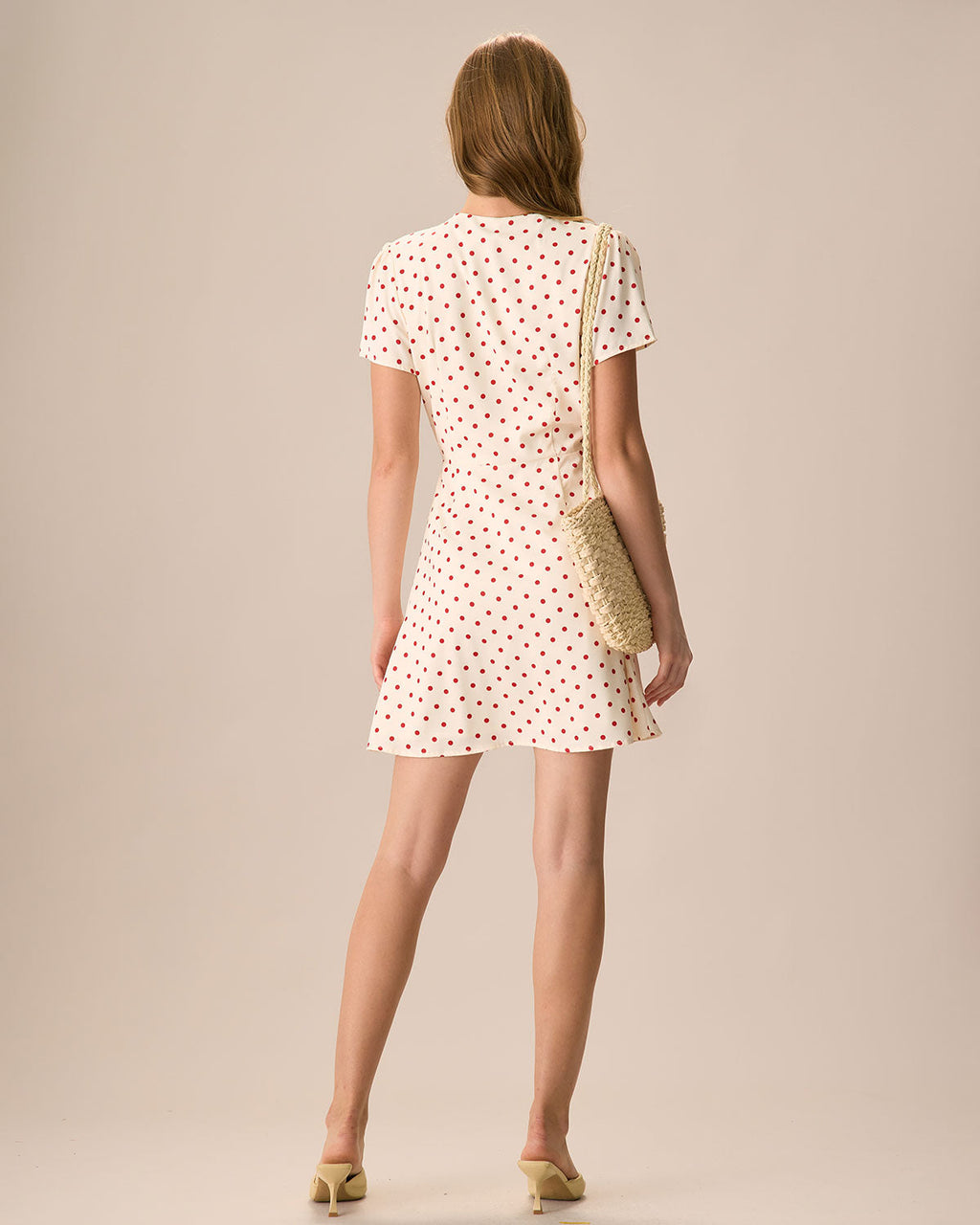 Beige Polka Dot Mini Dress with Button Details