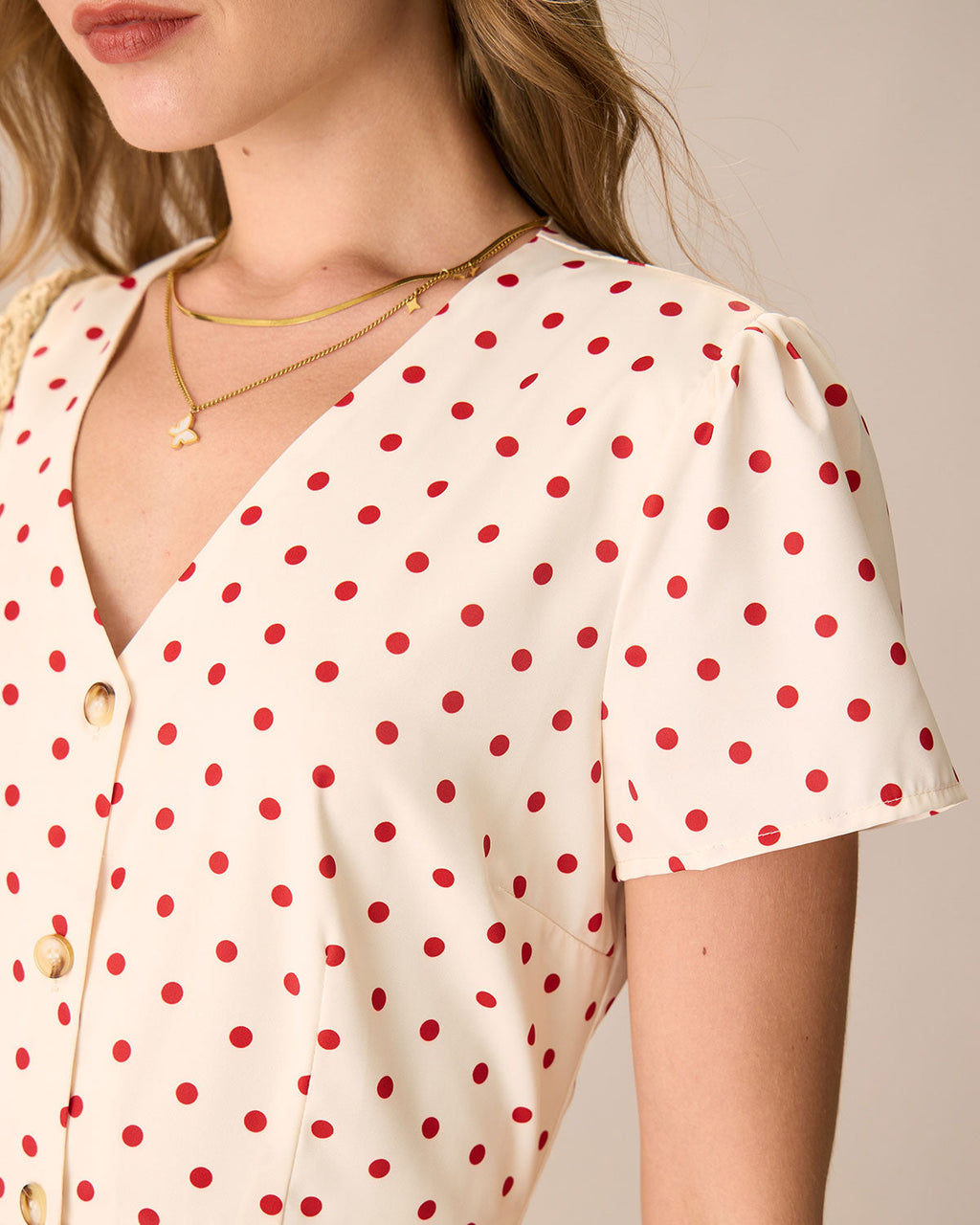 Beige Polka Dot Mini Dress with Button Details