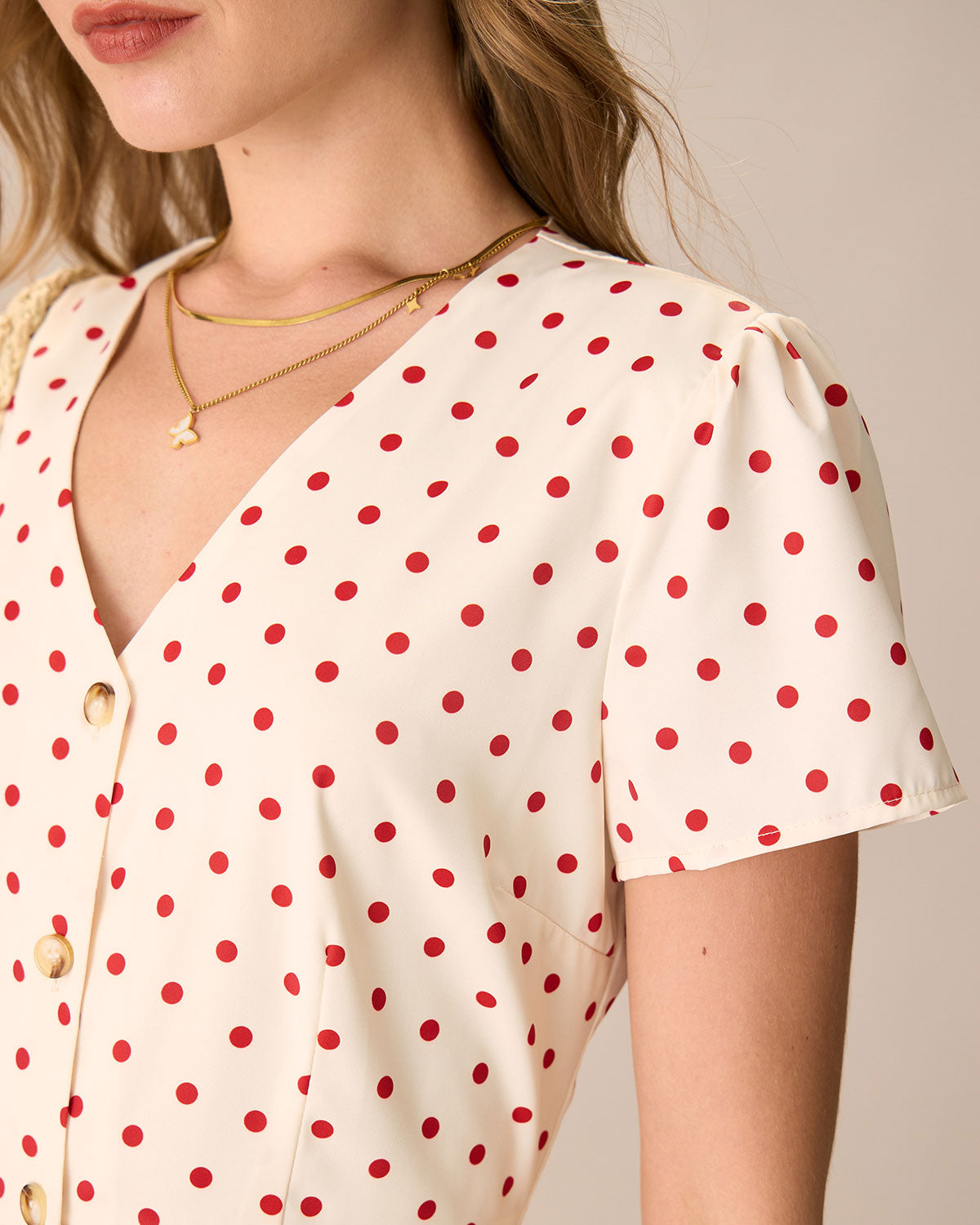 Beige Polka Dot Mini Dress with Button Details