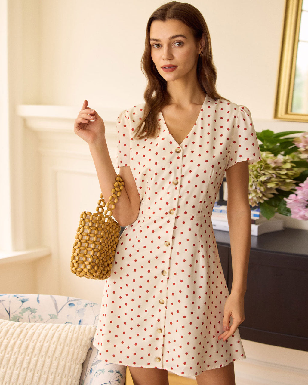 Beige Polka Dot Mini Dress with Button Details