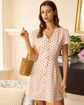 Beige Polka Dot Mini Dress with Button Details