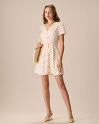 Beige Polka Dot Mini Dress with Button Details