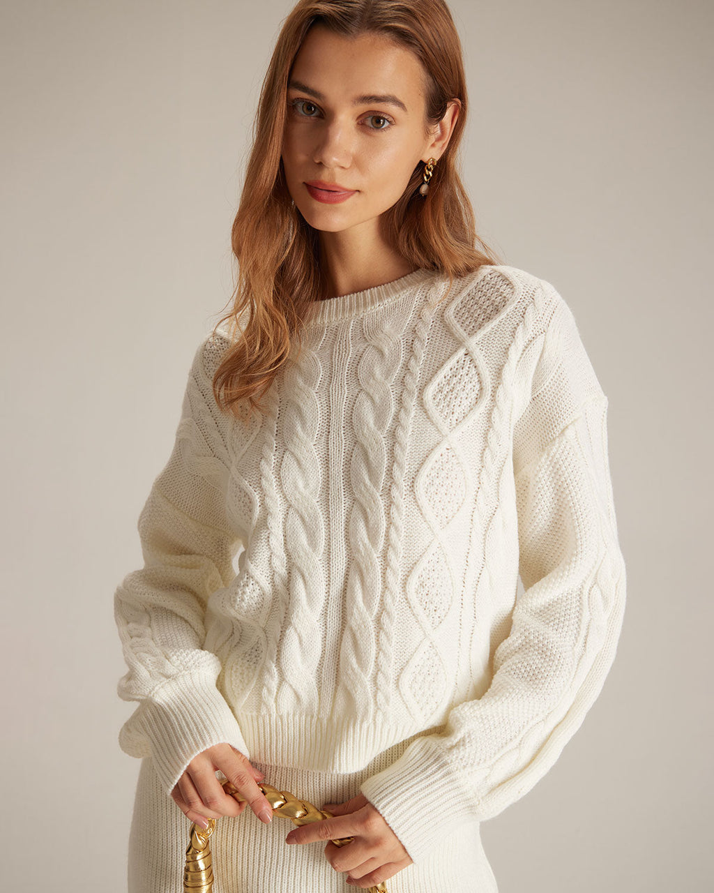 Beige Ribbed Cable Knit Sweater with Round Neck