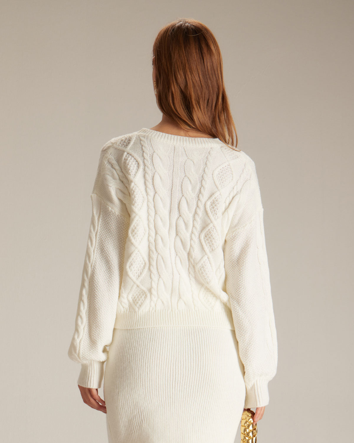 Beige Ribbed Cable Knit Sweater with Round Neck