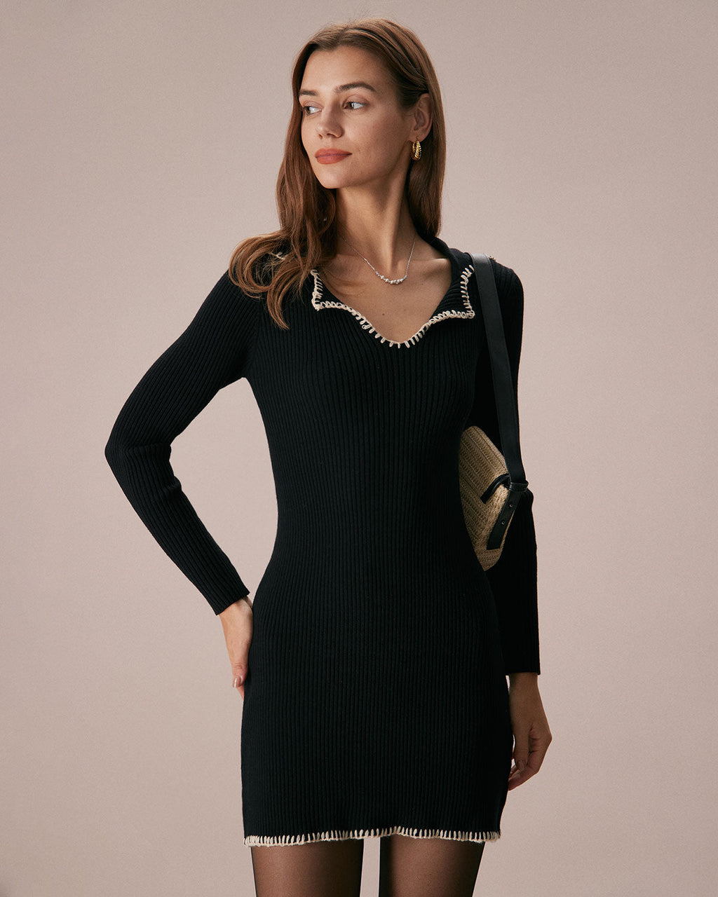 Mini Dress with Black Contrast Stitch Sweater Design