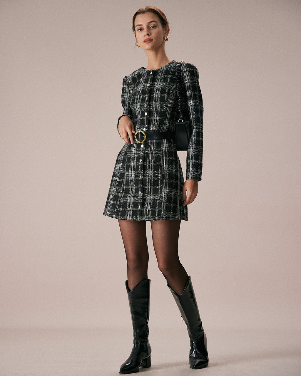 Plaid A-Line Mini Dress in Black with Crew Neck
