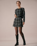 Plaid A-Line Mini Dress in Black with Crew Neck