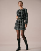 Plaid A-Line Mini Dress in Black with Crew Neck