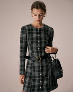 Plaid A-Line Mini Dress in Black with Crew Neck