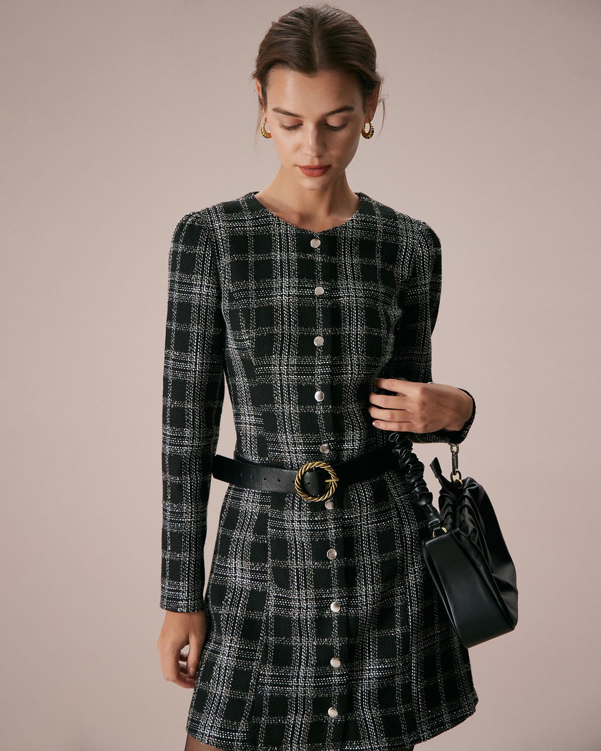 Plaid A-Line Mini Dress in Black with Crew Neck