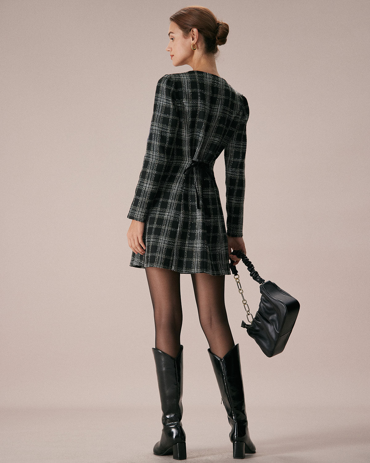Plaid A-Line Mini Dress in Black with Crew Neck