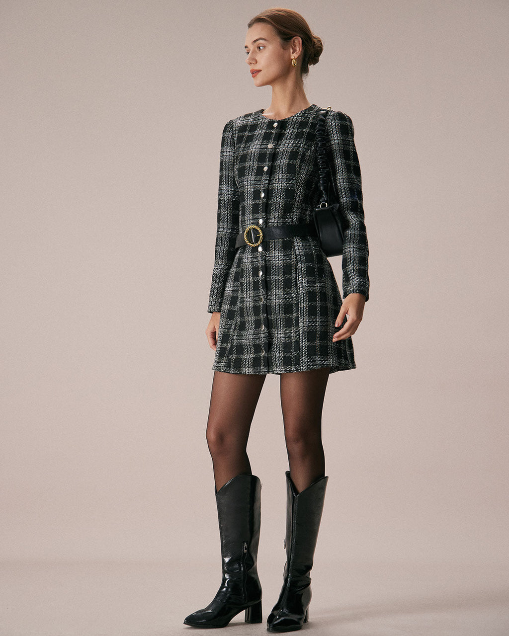 Plaid A-Line Mini Dress in Black with Crew Neck