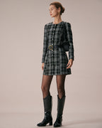 Plaid A-Line Mini Dress in Black with Crew Neck