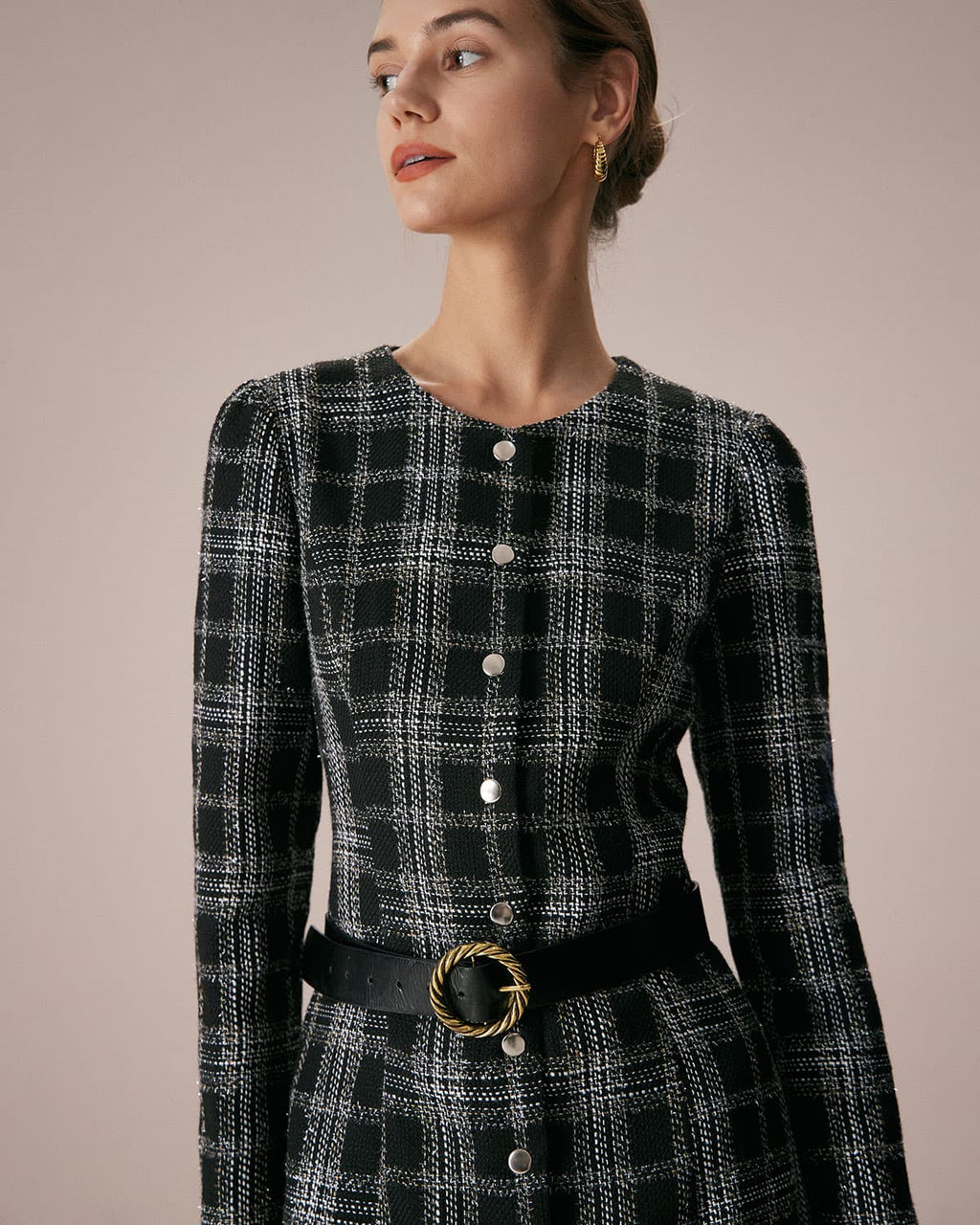 Plaid A-Line Mini Dress in Black with Crew Neck