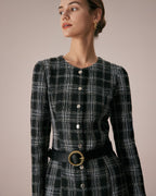 Plaid A-Line Mini Dress in Black with Crew Neck