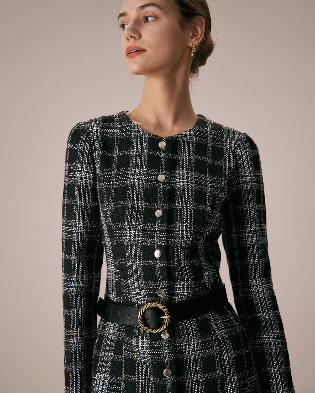 Plaid A-Line Mini Dress in Black with Crew Neck
