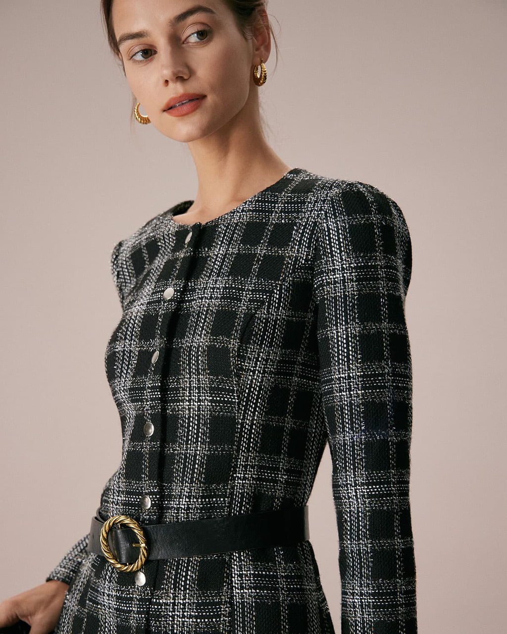 Plaid A-Line Mini Dress in Black with Crew Neck