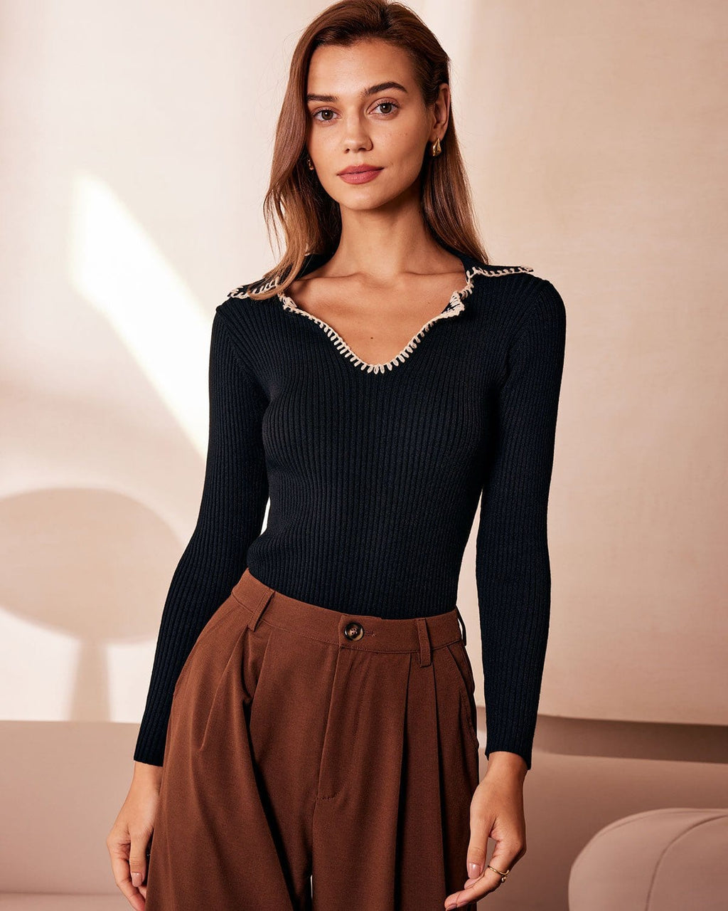 Colorblock Knit Top with Black Lapel