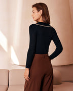 Colorblock Knit Top with Black Lapel