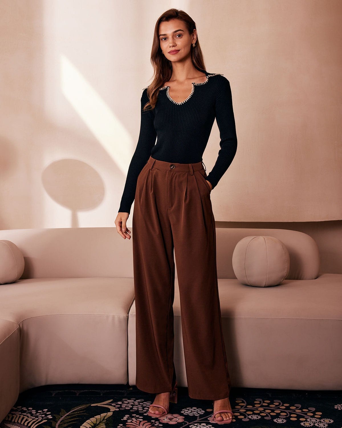 Colorblock Knit Top with Black Lapel