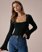 Black Square Neck Flare Sleeve Tee with Slit