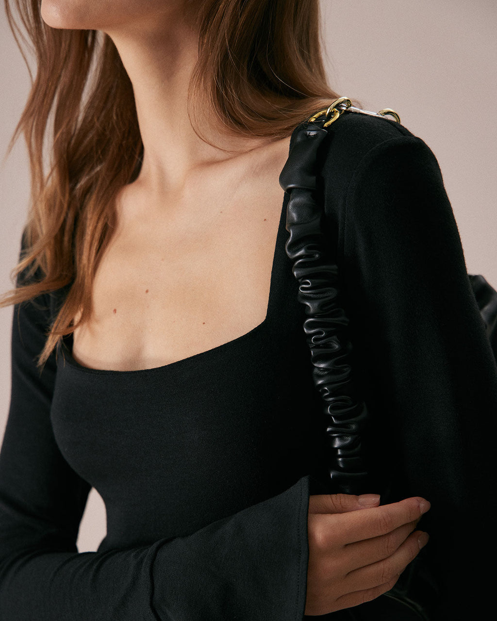 Black Square Neck Flare Sleeve Tee with Slit