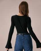 Black Square Neck Flare Sleeve Tee with Slit