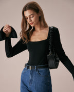 Black Square Neck Flare Sleeve Tee with Slit