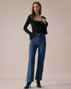 Black Square Neck Flare Sleeve Tee with Slit