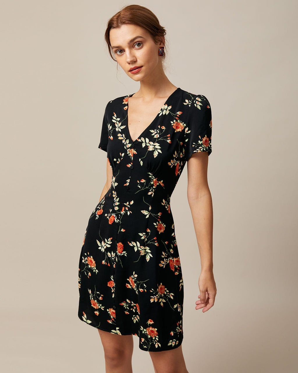 Black Floral V-Neck Button-Up Mini Dress
