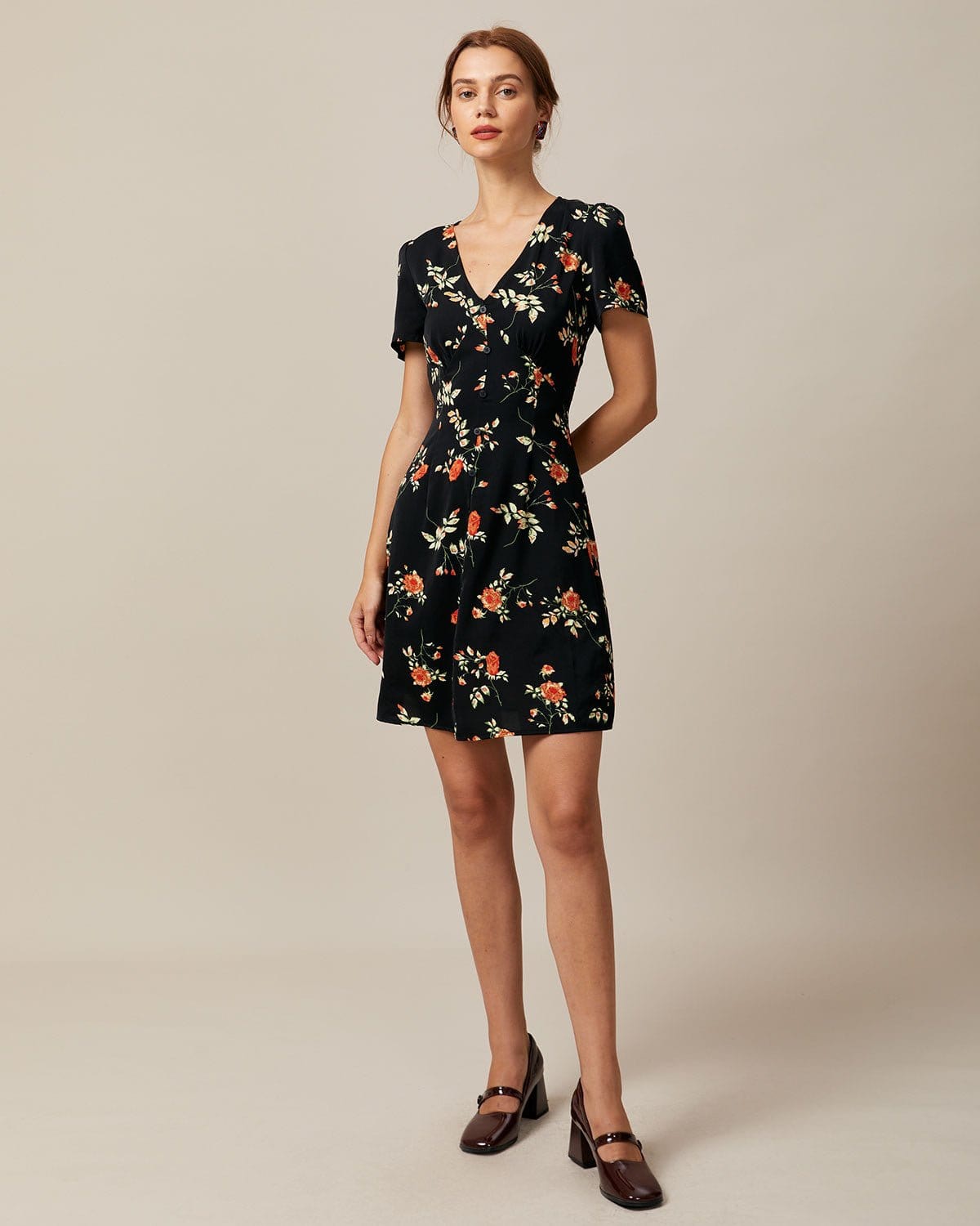 Black Floral V-Neck Button-Up Mini Dress