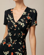 Black Floral V-Neck Button-Up Mini Dress