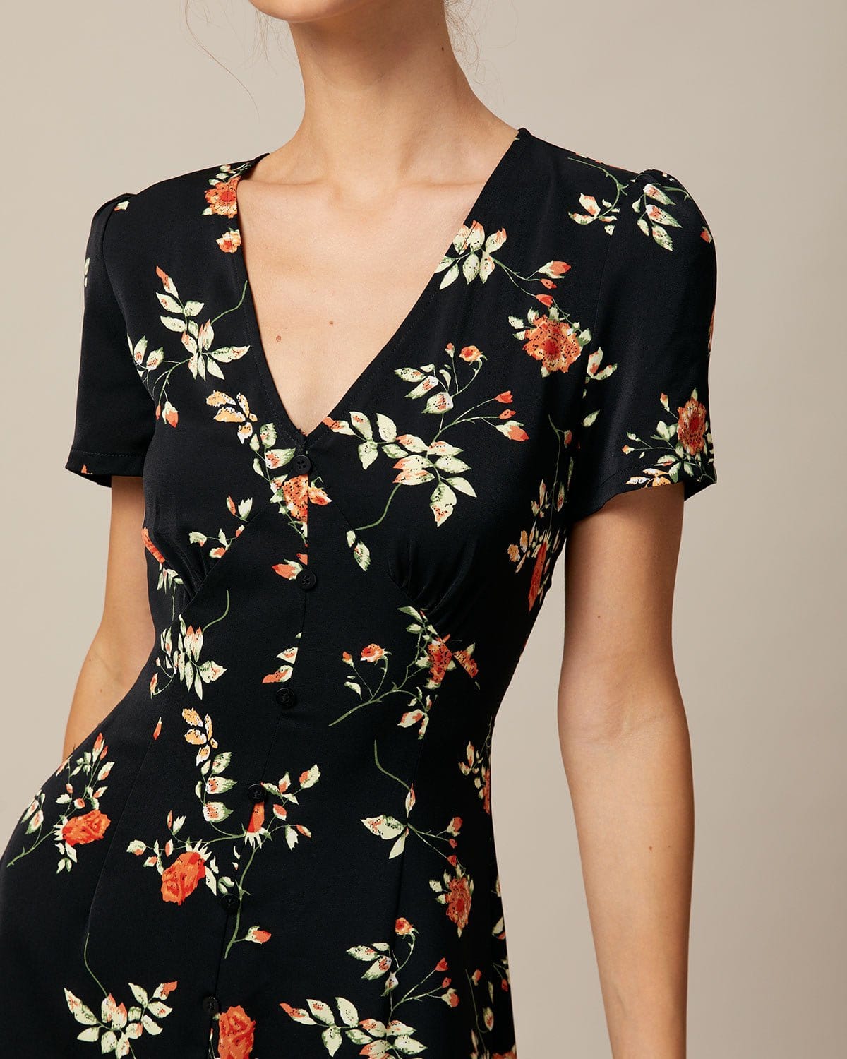Black Floral V-Neck Button-Up Mini Dress