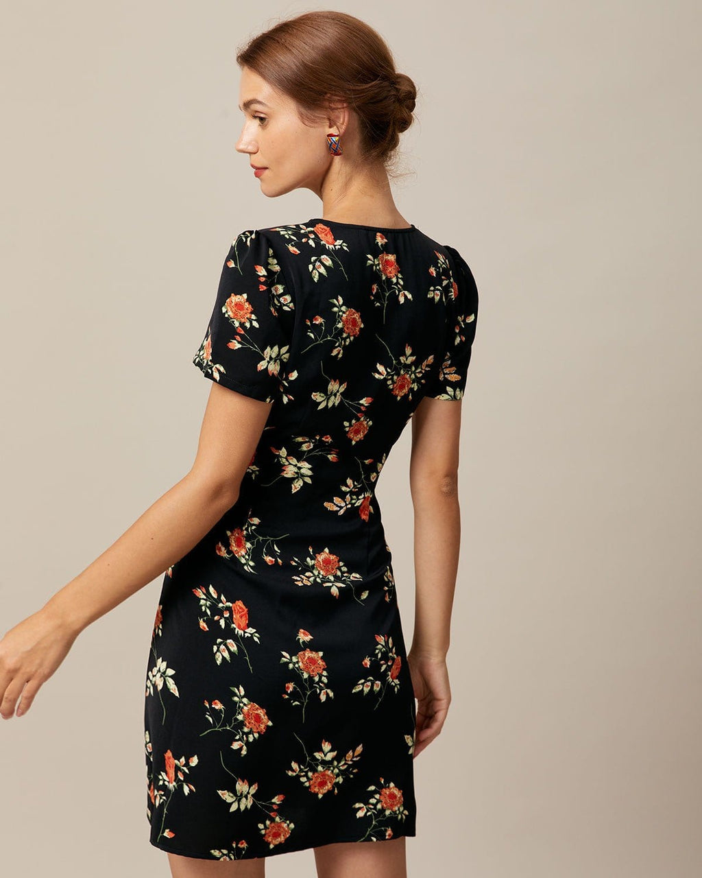 Black Floral V-Neck Button-Up Mini Dress