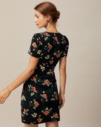 Black Floral V-Neck Button-Up Mini Dress